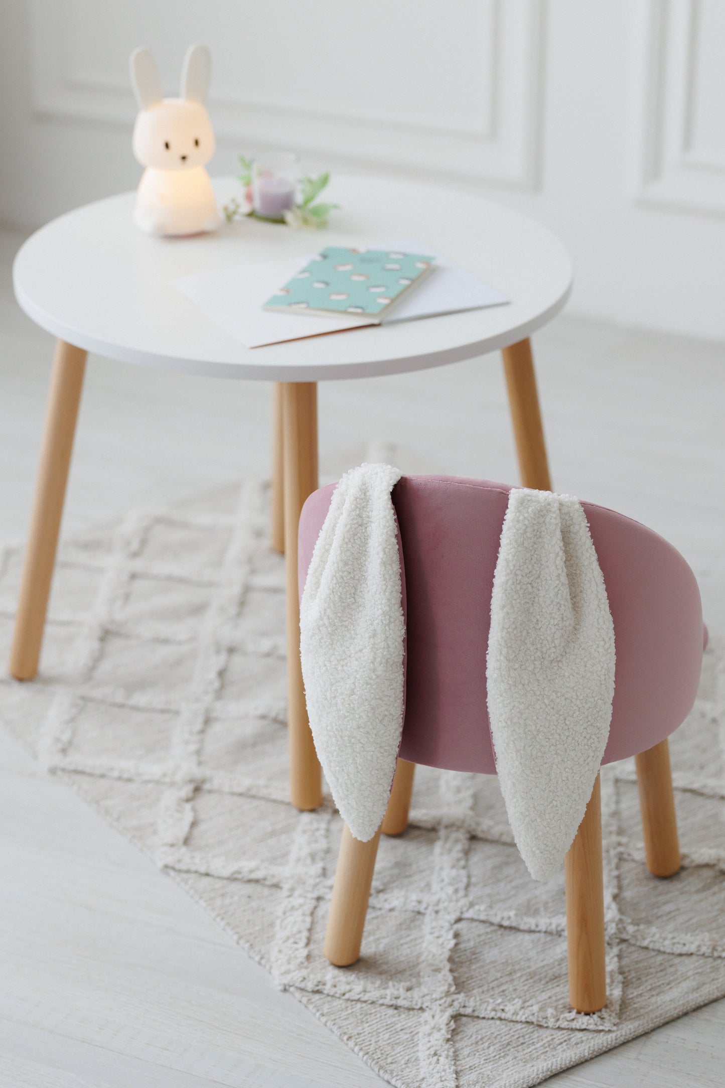 Furniture set: table without drawer and armchair Bunny, 2-4 years old, 90-105 cm, Soft pink