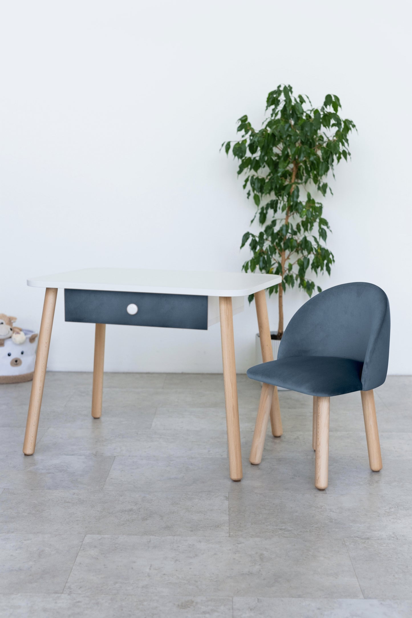 Furniture set: table with drawer and armchair, 2-4 years old, 90-105 cm, Denim