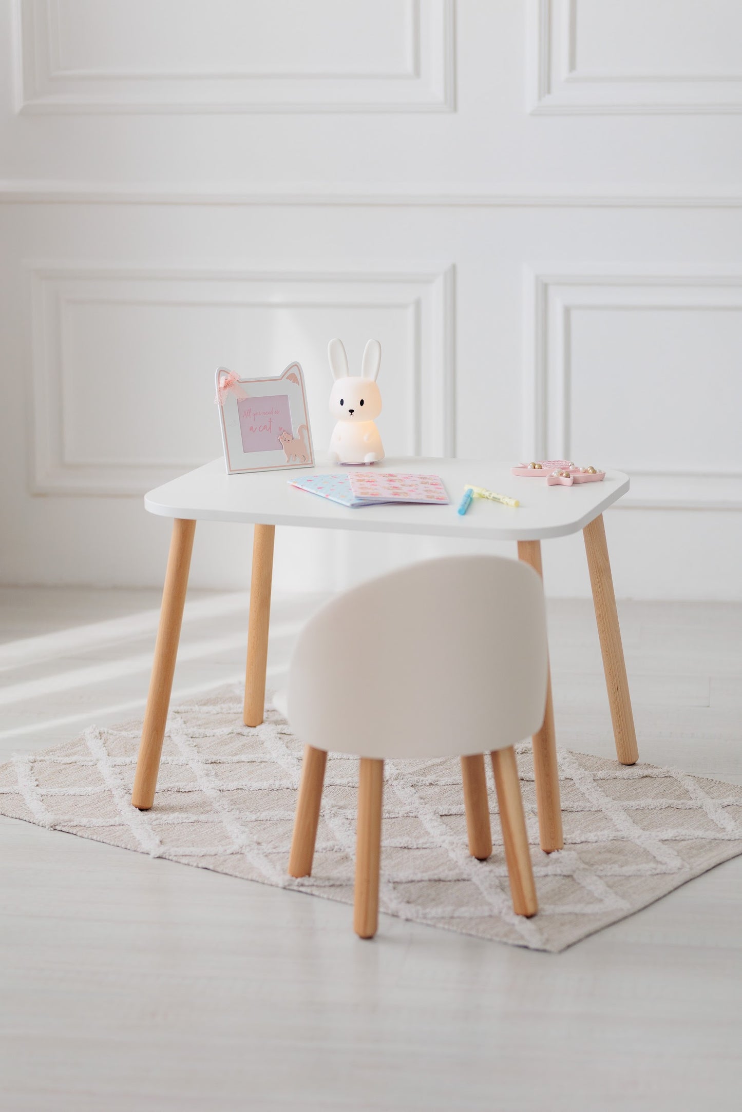 Furniture set: rectangular table without drawer and armchair, 2-4 years old, 90-105 cm, Milk