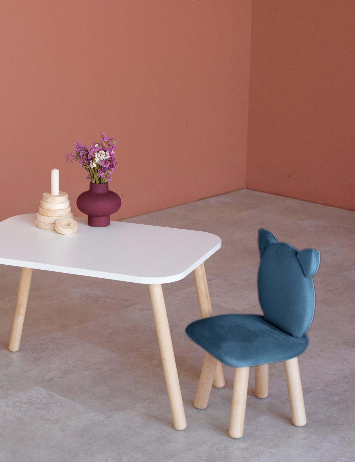 Furniture set: rectangular table without drawer and chair Cat, 2-4 years old, 90-105 cm, Denim