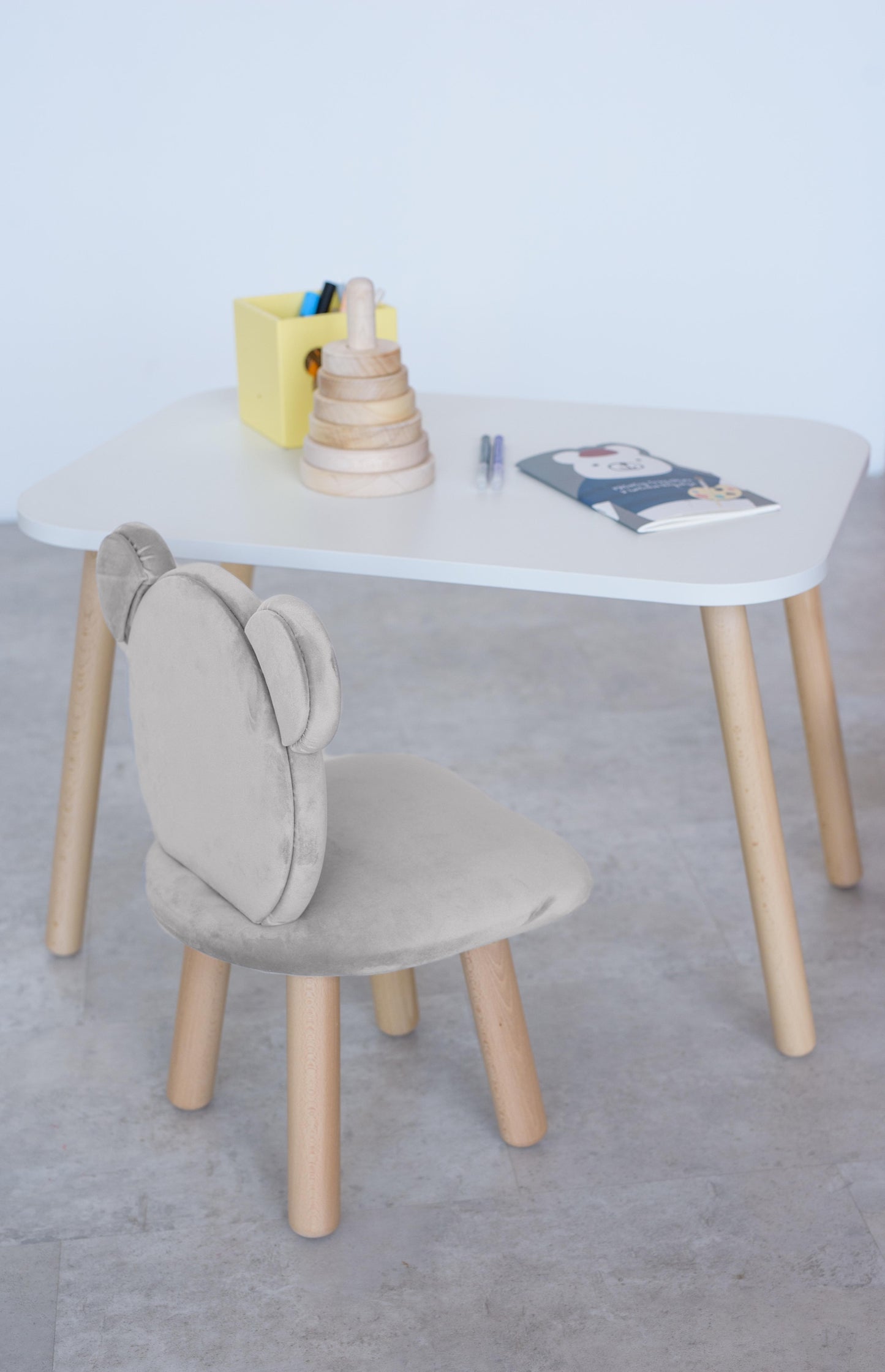 Furniture set: rectangular table without drawer and chair Bear, 2-4 years old, 90-105 cm, Milk