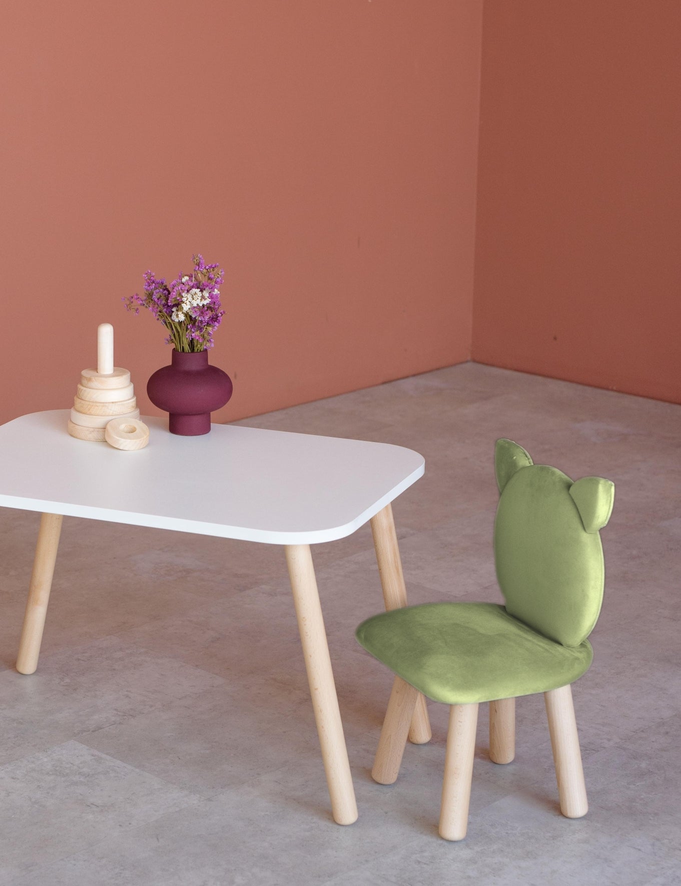 Furniture set: rectangular table without drawer and chair Cat, 2-4 years old, 90-105 cm, Olive