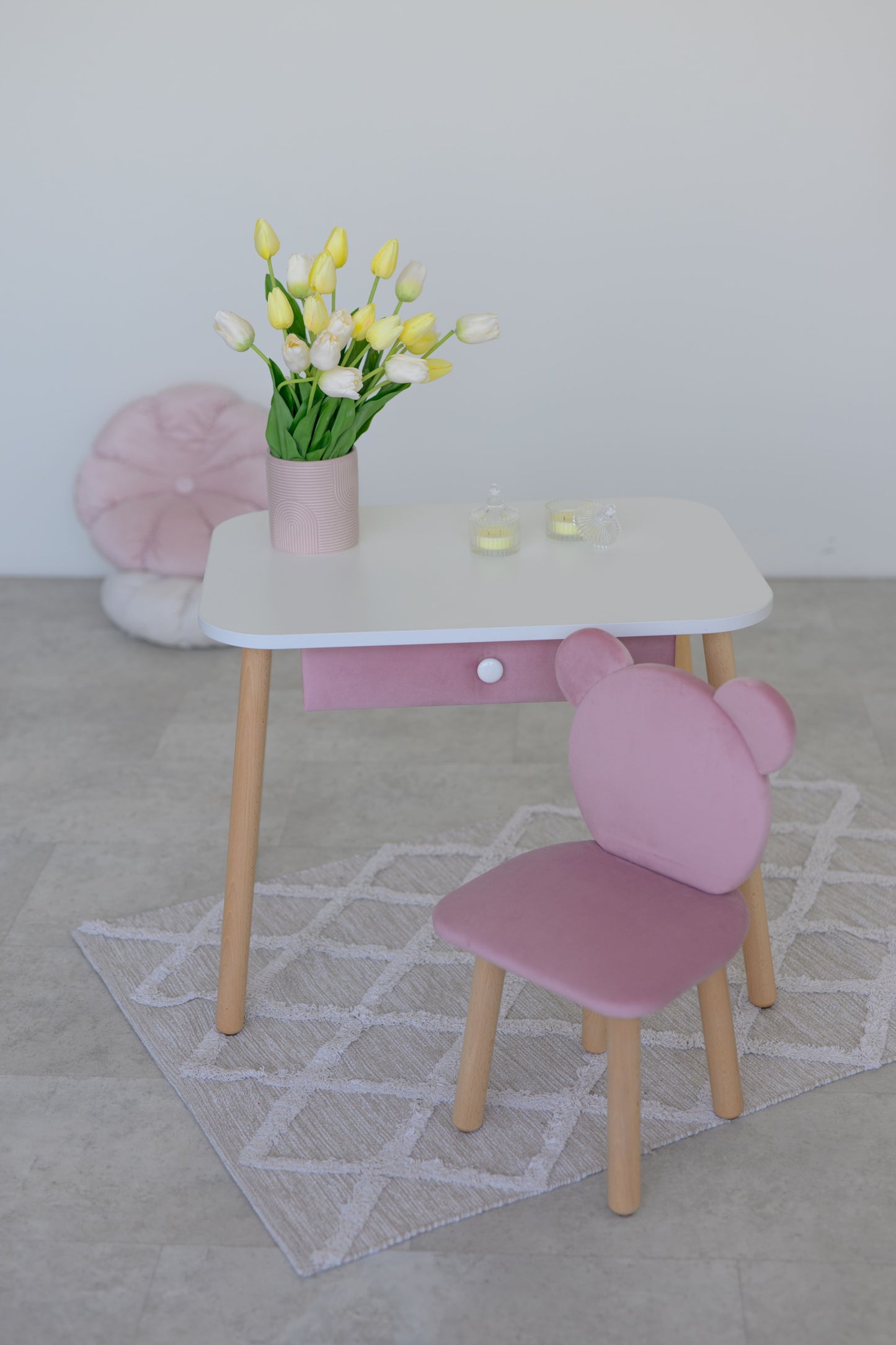 Furniture set: rectangular table with drawer and chair Bear, 5-7 years old, 115-125 cm, Soft pink