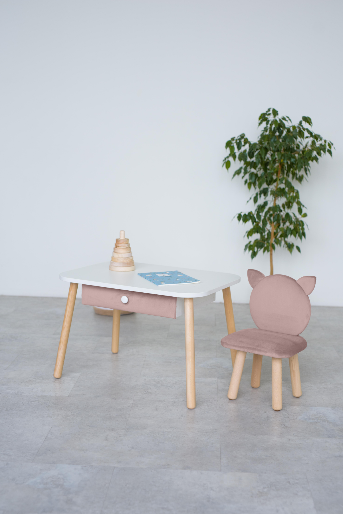 Furniture set: rectangular table with drawer and chair Cat, 2-4 years old, 90-105 cm, Powdered