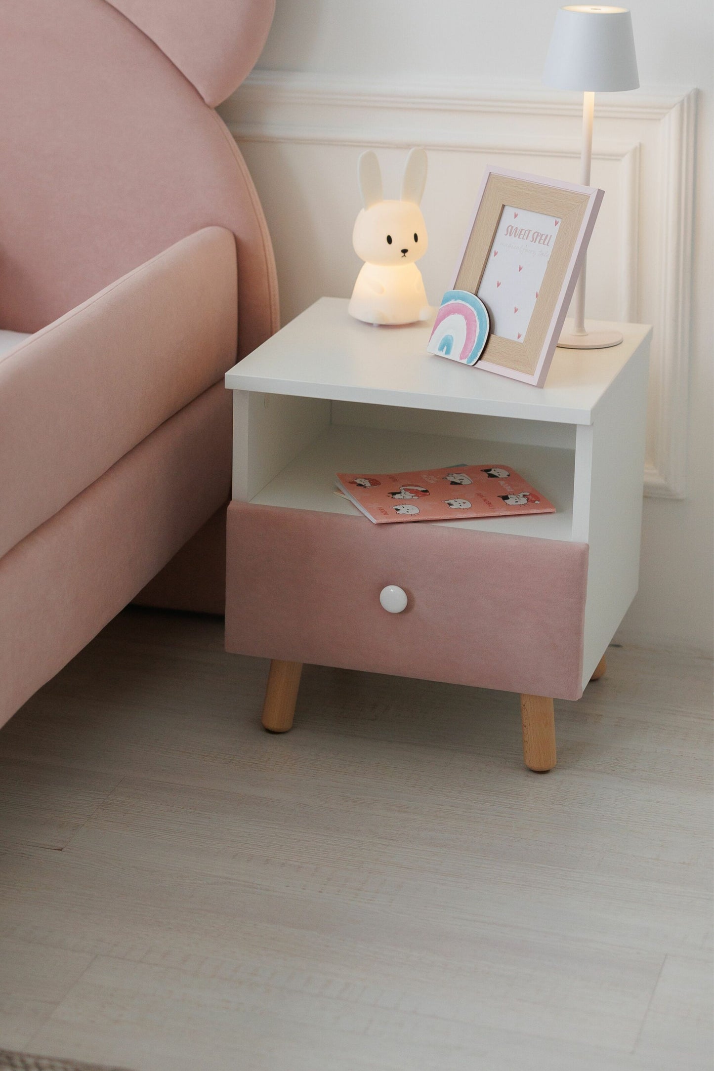 Children's bedside table with a drawer, Powder Pink