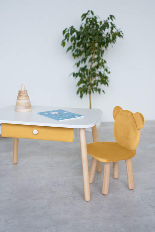 Furniture set: rectangular table with drawer and chair Bear, 3-5 years old, 105-115 cm, Yellow