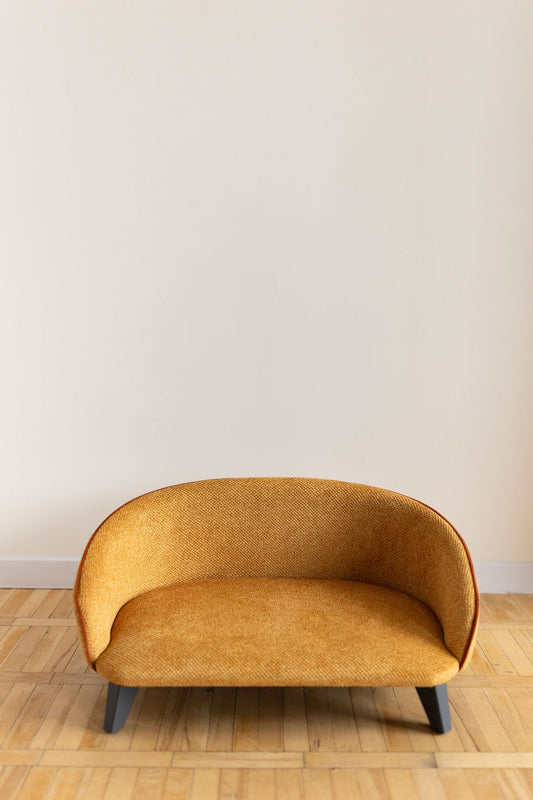 Pet sofa for dogs and cats, size S, Textured Honey Mustard with Cognac Trim, graphite legs