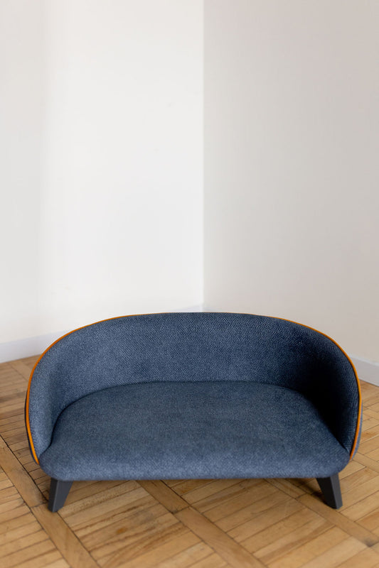 Pet sofa for dogs and cats, size S, Textured Denim with Cognac Trim