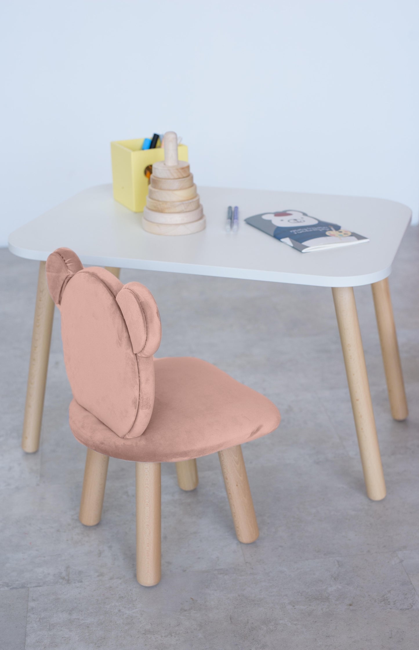 Furniture set: rectangular table without drawer and chair Bear, 5-7 years old, 115-125 cm, Powdered