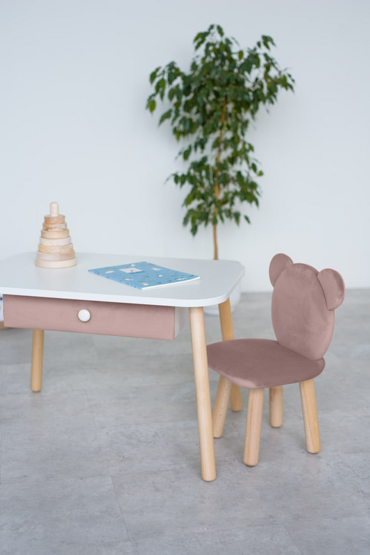 Furniture set: rectangular table with drawer and chair Bear, 3-5 years old, 105-115 cm, Powdered