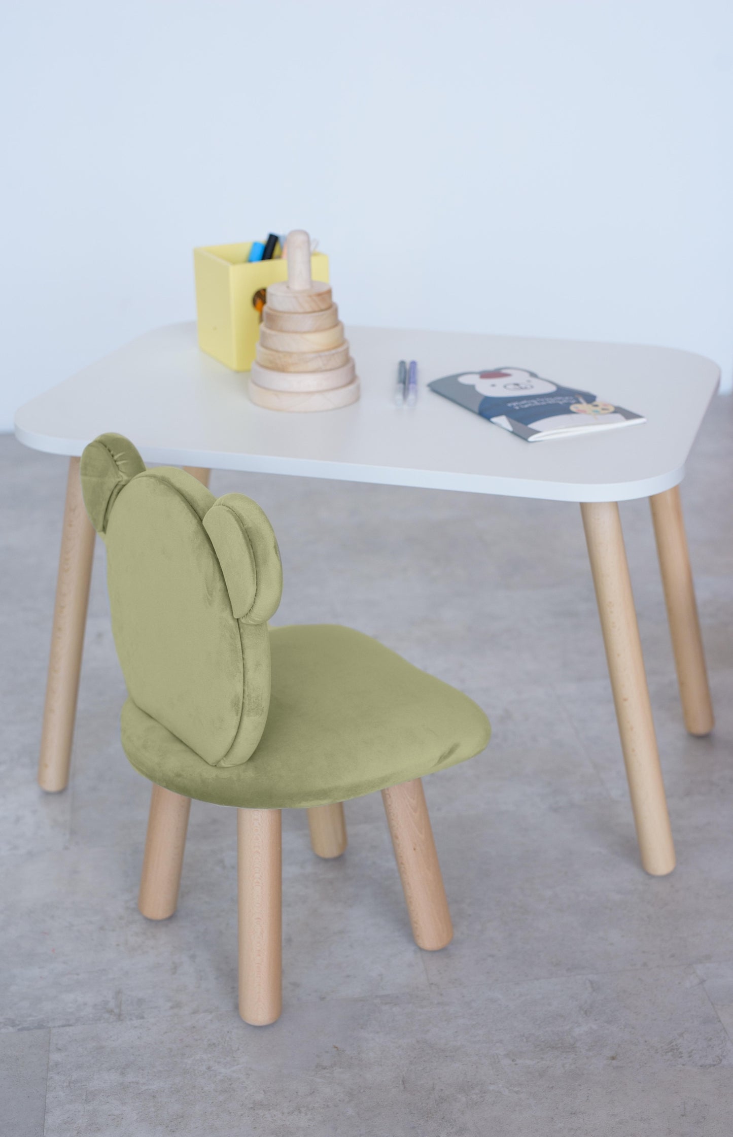 Furniture set: rectangular table without drawer and chair Bear, 3-5 years old, 105-115 cm, Olive
