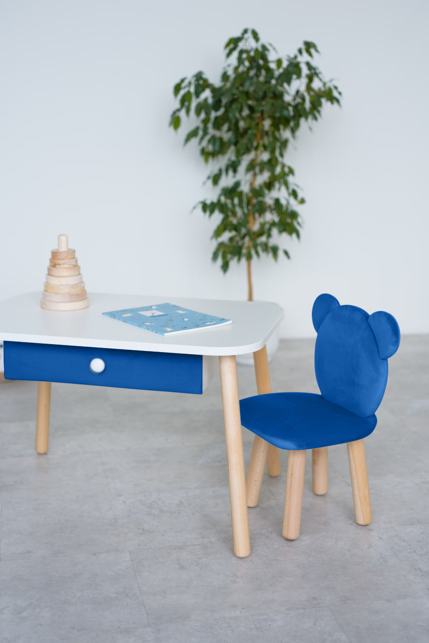 Furniture set: rectangular table with drawer and chair Bear, 3-5 years old, 105-115 cm, Blue