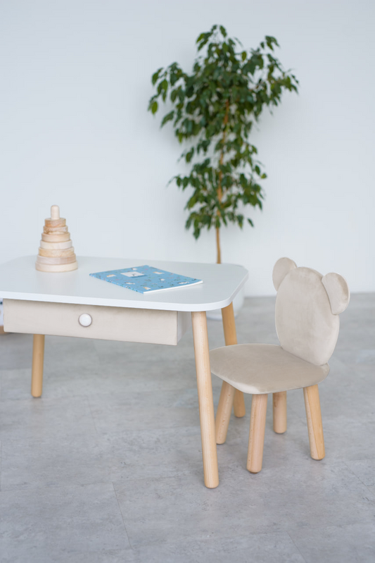 Furniture set: rectangular table with drawer and chair Bear, 3-5 years old, 105-115 cm, Milk