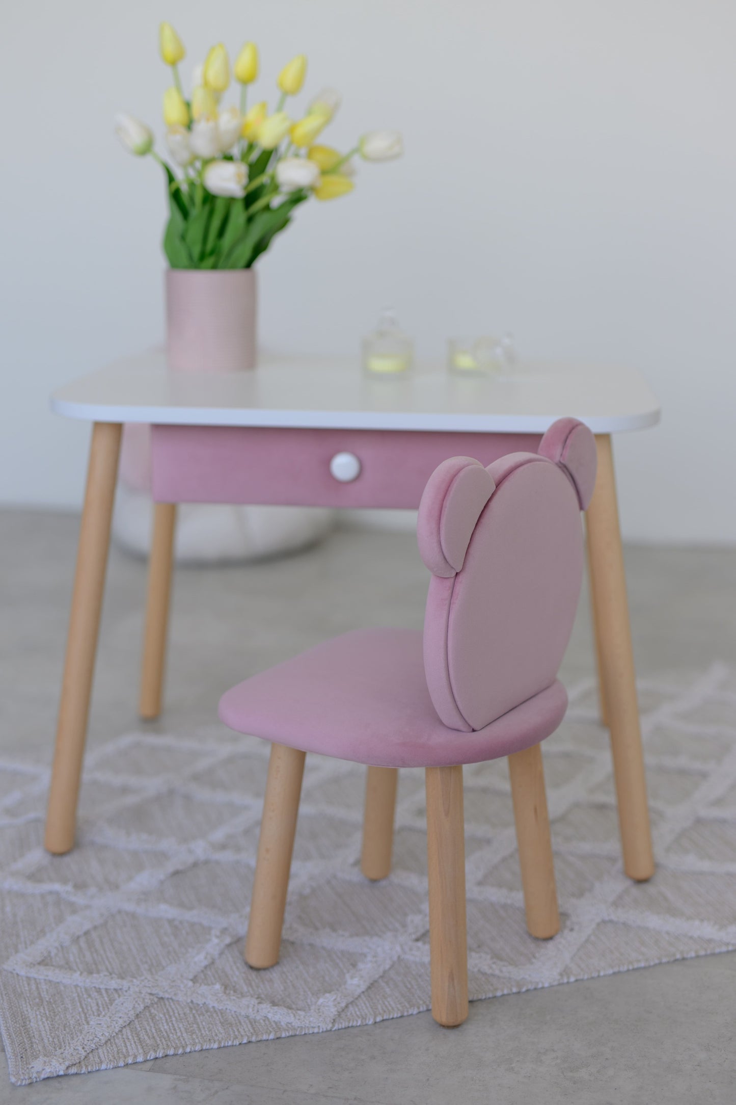 Furniture set: rectangular table with drawer and chair Bear, 3-5 years old, 105-115 cm, Soft pink