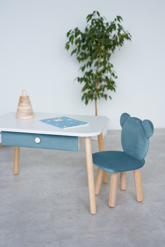 Furniture set: rectangular table with drawer and chair Bear, 3-5 years old, 105-115 cm, Denim