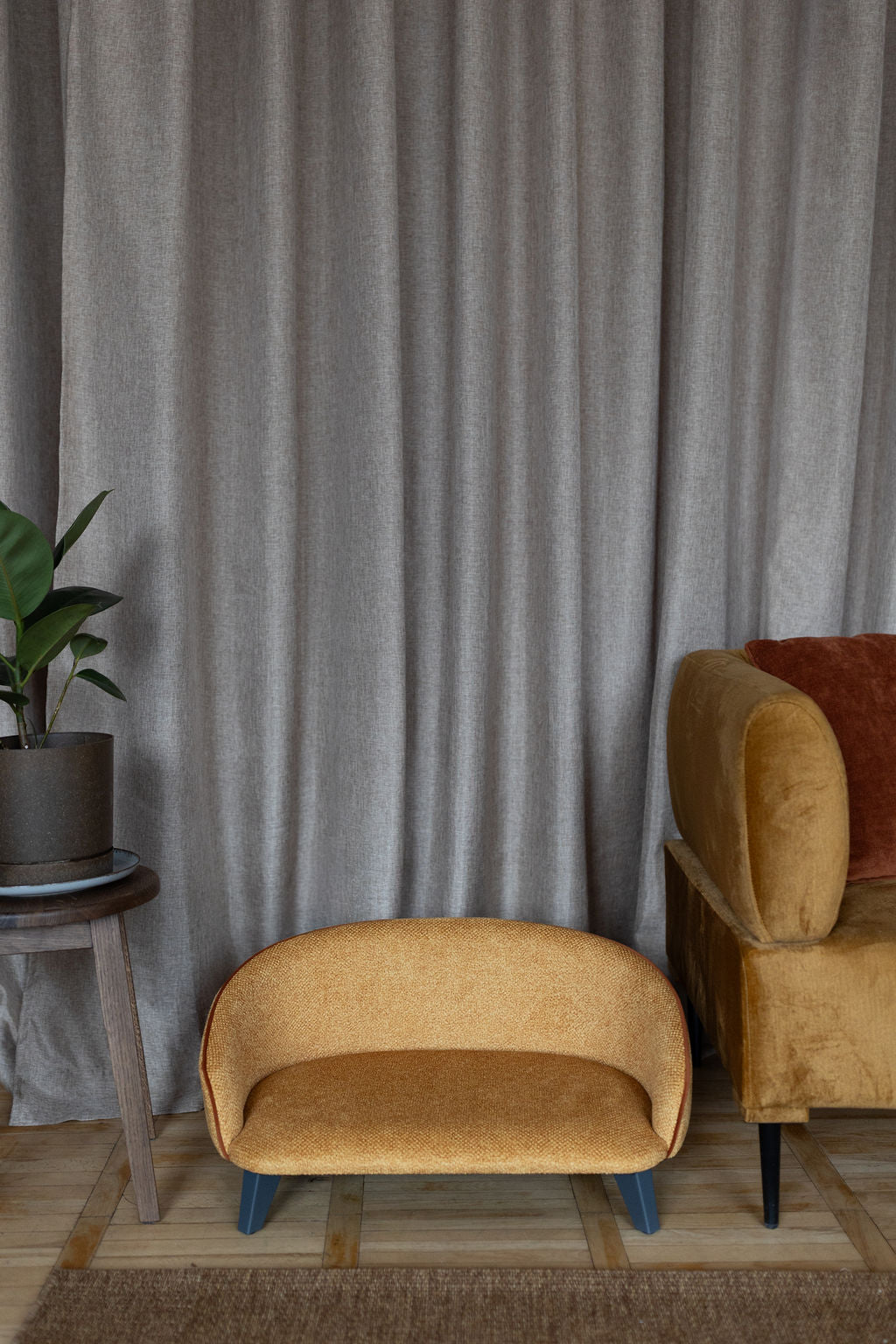 Sofa voor hond en kat, maat M, Honingmosterd met structuur, cognac bies, grafietkleurige poten — aanzicht 7