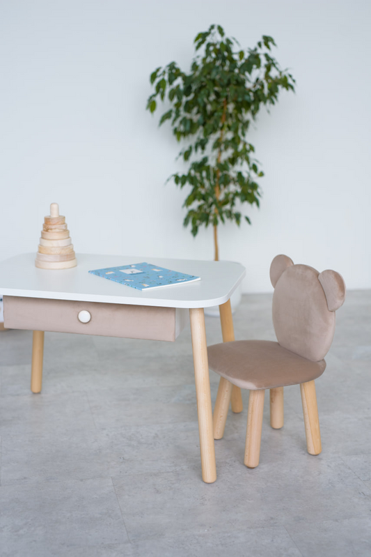 Furniture set: rectangular table with drawer and chair Bear, 3-5 years old, 105-115 cm, Latte