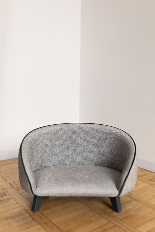 Pet sofa for dogs and cats, size M, Textured Grey with Green Trim, graphite legs