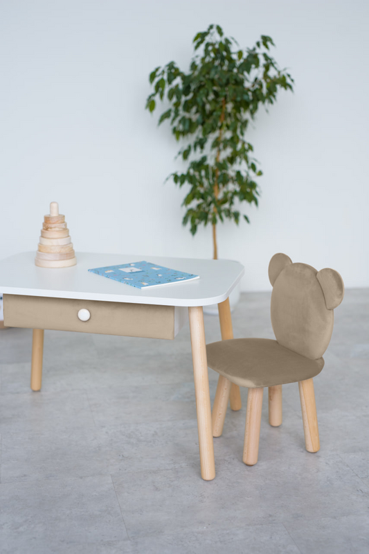 Furniture set: rectangular table with drawer and chair Bear, 5-7 years old, 115-125 cm, Beige