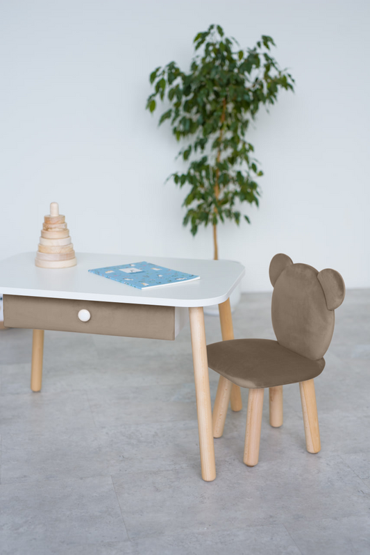 Furniture set: rectangular table with drawer and chair Bear, 3-5 years old, 105-115 cm, Cappuccino
