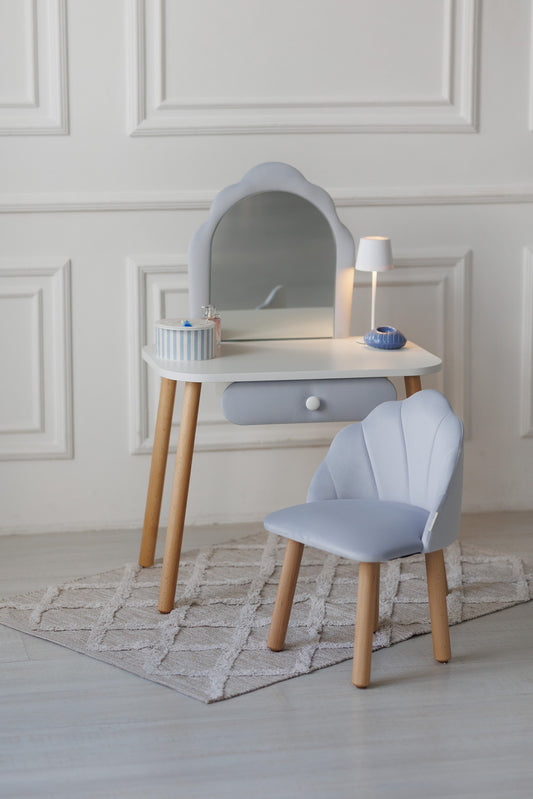 Meubelset: kinderkaptafel Ariel en fauteuil Schelp, 5-7 jaar, 115-125 cm, Zachtblauw