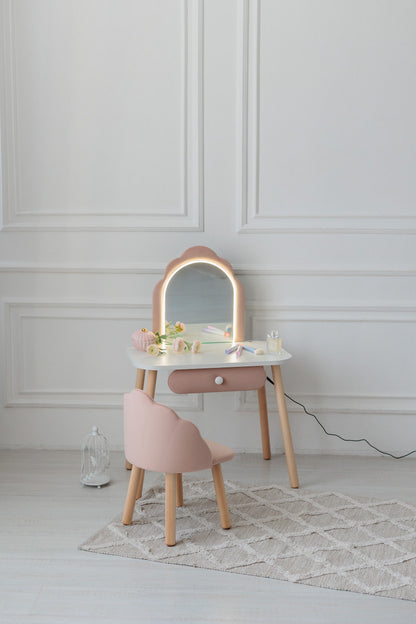 Set: kinderkaptafel Ariel met verlichting en stoel Schelp, Poederkleur — aanzicht 18