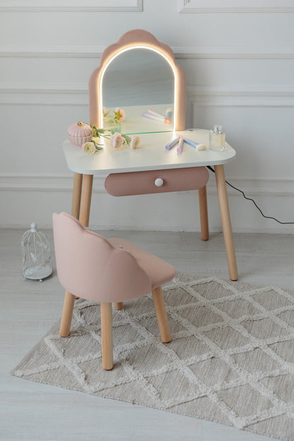 Set: kinderkaptafel Ariel met verlichting en stoel Schelp, Poederkleur — aanzicht 14