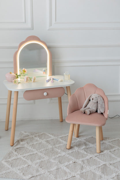 Set: kinderkaptafel Ariel met verlichting en stoel Schelp, Poederkleur — aanzicht 12