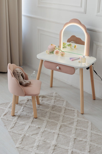Set: kinderkaptafel Ariel met verlichting en stoel Schelp, Poederkleur — aanzicht 16