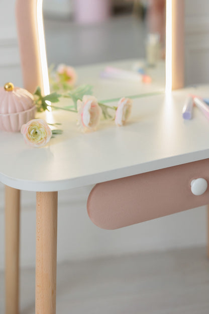 Set: kinderkaptafel Ariel met verlichting en stoel Schelp, Poederkleur — aanzicht 13