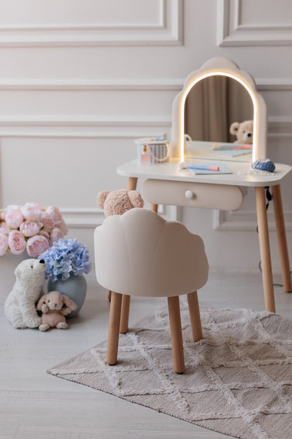 Set: kinderkaptafel Ariel met verlichting en stoel Schelp, Melk — aanzicht 10