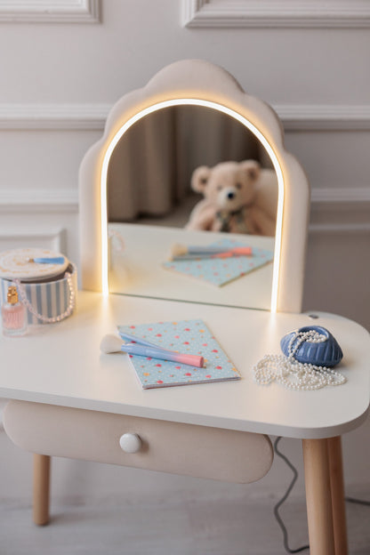 Set: kinderkaptafel Ariel met verlichting en stoel Schelp, Melk — aanzicht 9