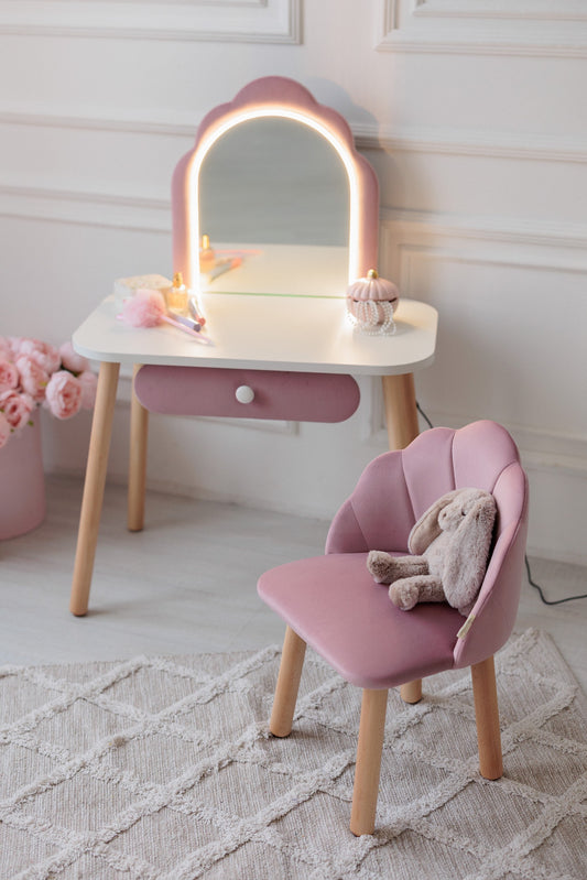 Set: kinderkaptafel Ariel met verlichting en stoel Schelp, Zachtroze