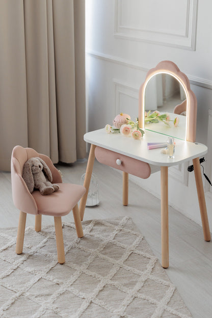 Set: kinderkaptafel Ariel met verlichting en stoel Schelp, Poederkleur — aanzicht 15