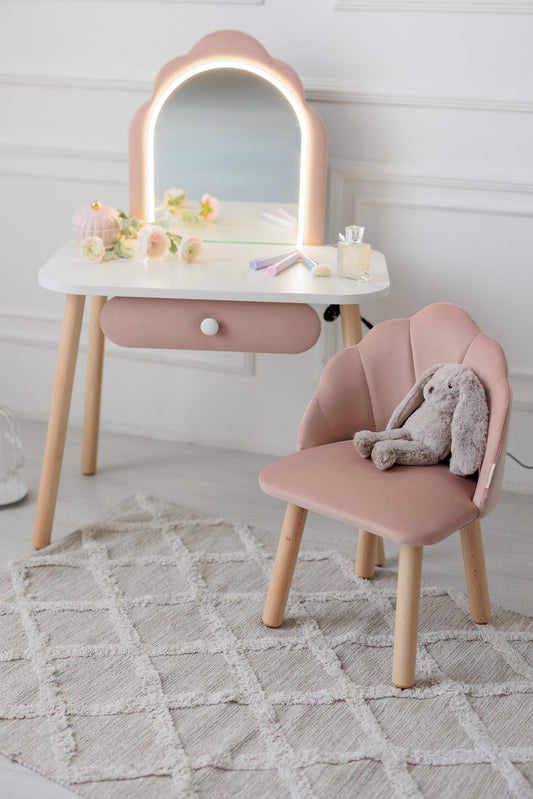 Set: kinderkaptafel Ariel met verlichting en stoel Schelp, Poederkleur
