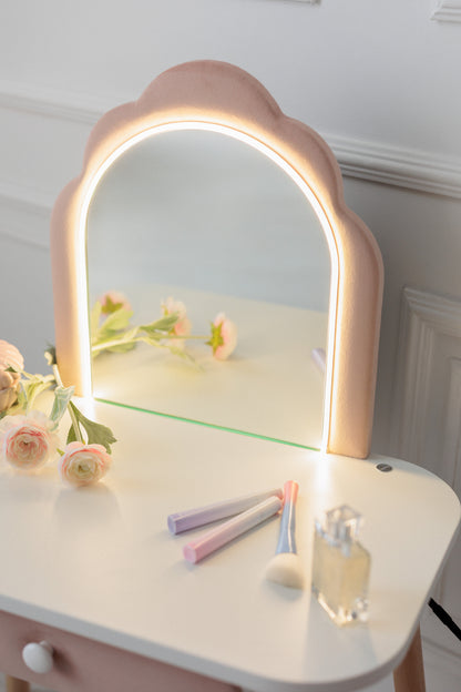 Set: kinderkaptafel Ariel met verlichting en stoel Schelp, Poederkleur — aanzicht 3