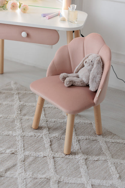 Set: kinderkaptafel Ariel met verlichting en stoel Schelp, Poederkleur — aanzicht 5