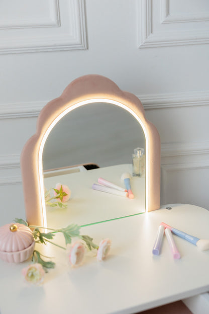 Set: kinderkaptafel Ariel met verlichting en stoel Schelp, Poederkleur — aanzicht 11
