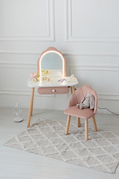 Set: kinderkaptafel Ariel met verlichting en stoel Schelp, Poederkleur — aanzicht 7