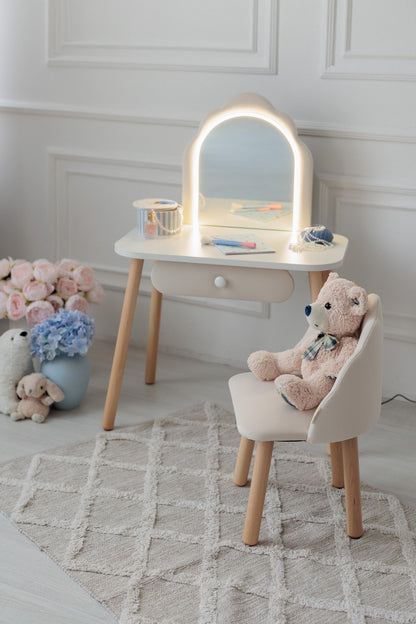 Set: kinderkaptafel Ariel met verlichting en stoel Schelp, Melk
