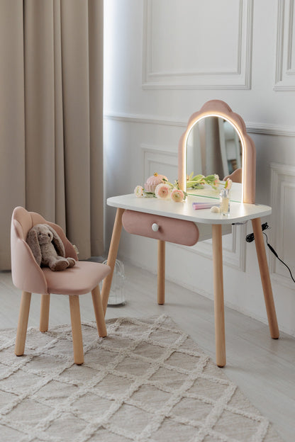 Set: kinderkaptafel Ariel met verlichting en stoel Schelp, Poederkleur — aanzicht 15