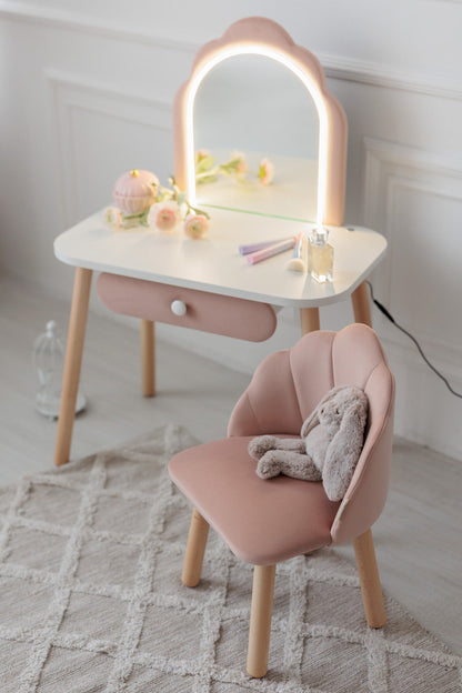 Set: kinderkaptafel Ariel met verlichting en stoel Schelp, Poederkleur — aanzicht 2