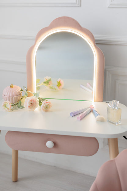 Set: kinderkaptafel Ariel met verlichting en stoel Schelp, Poederkleur — aanzicht 6