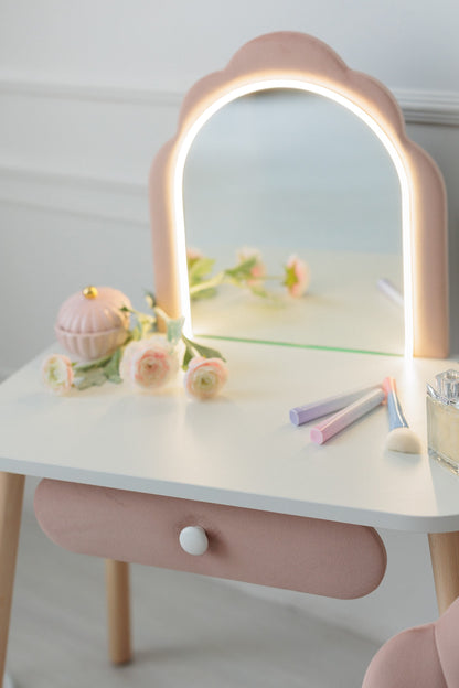 Set: kinderkaptafel Ariel met verlichting en stoel Schelp, Poederkleur — aanzicht 8