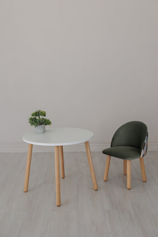 Zestaw mebli: stół bez szuflady i fotel Flora, 2-4 lata, 90-105 cm, Ciemna oliwka