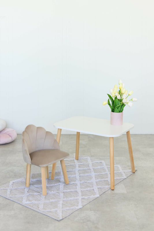 Zestaw mebli: stół prostokątny bez szuflady i fotel Seashell, 2-4 lata, 90-105 cm, Latte