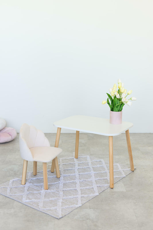Furniture set: rectangular table without drawer and armchair Seashell, 5-7 years old, 115-125 cm, Milk