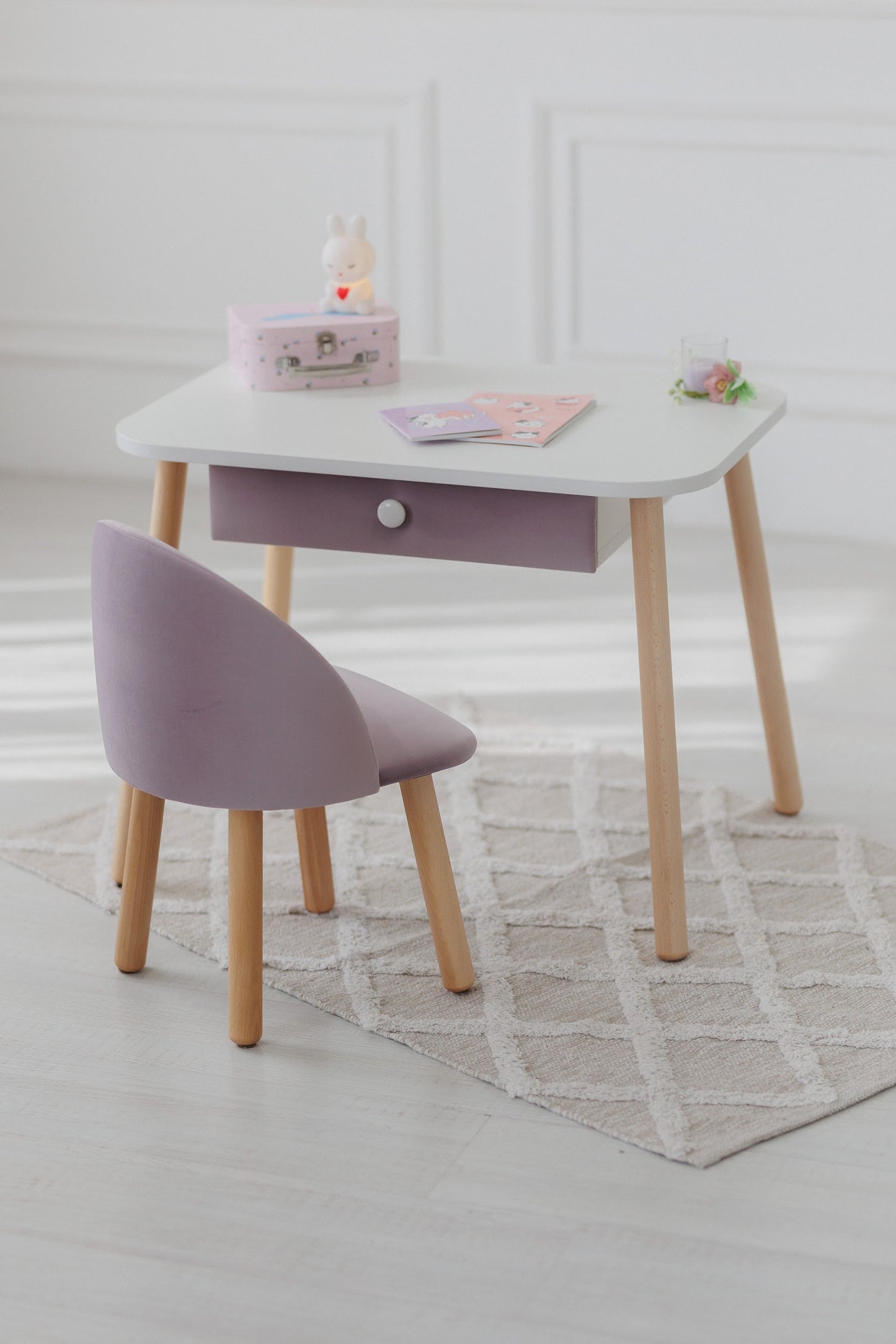 Furniture set: table with drawer and armchair, 3-5 years old, 105-115 cm, Lilac