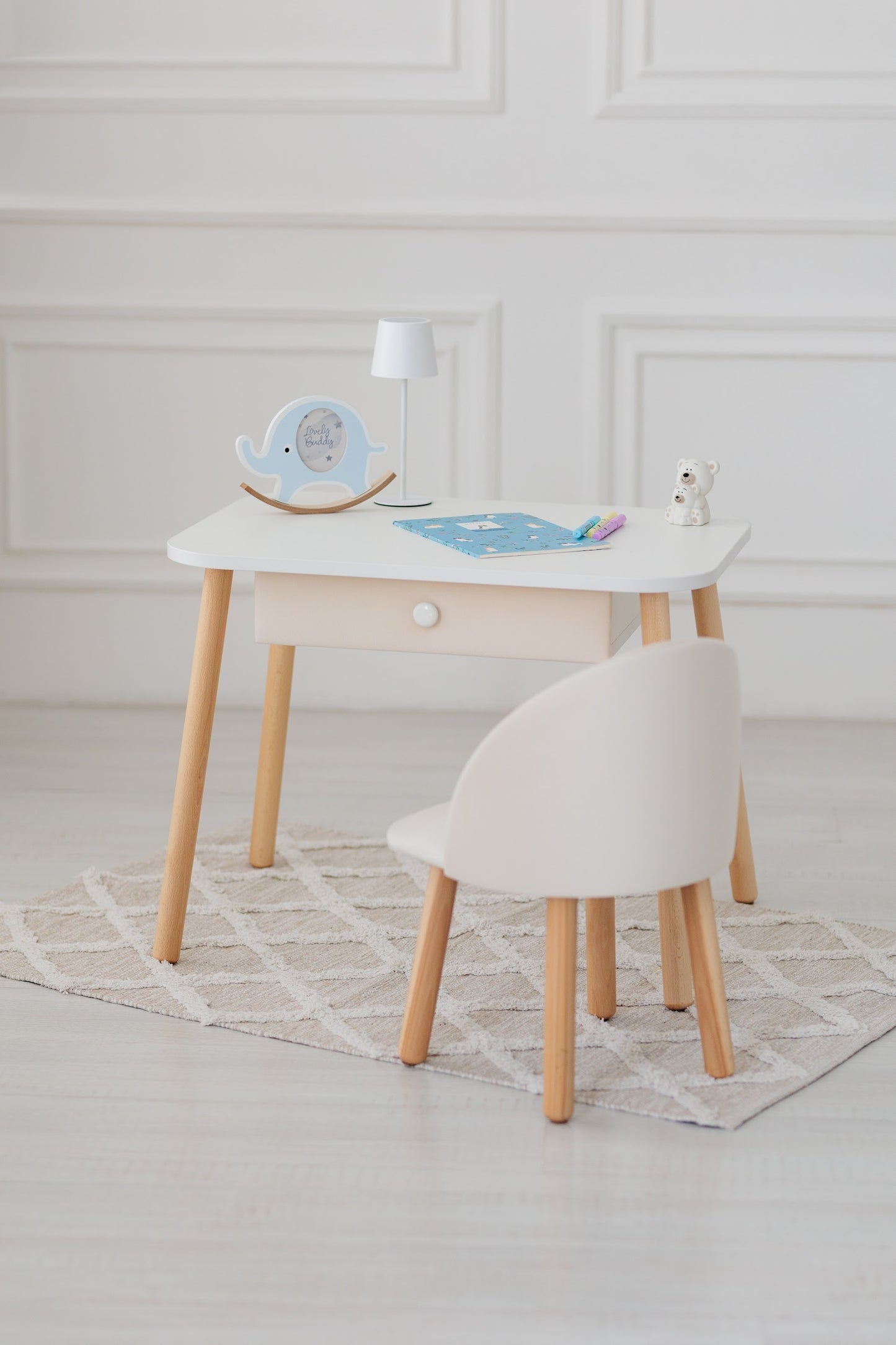 Furniture set: table with drawer and armchair, 3-5 years old, 105-115 cm, Milk