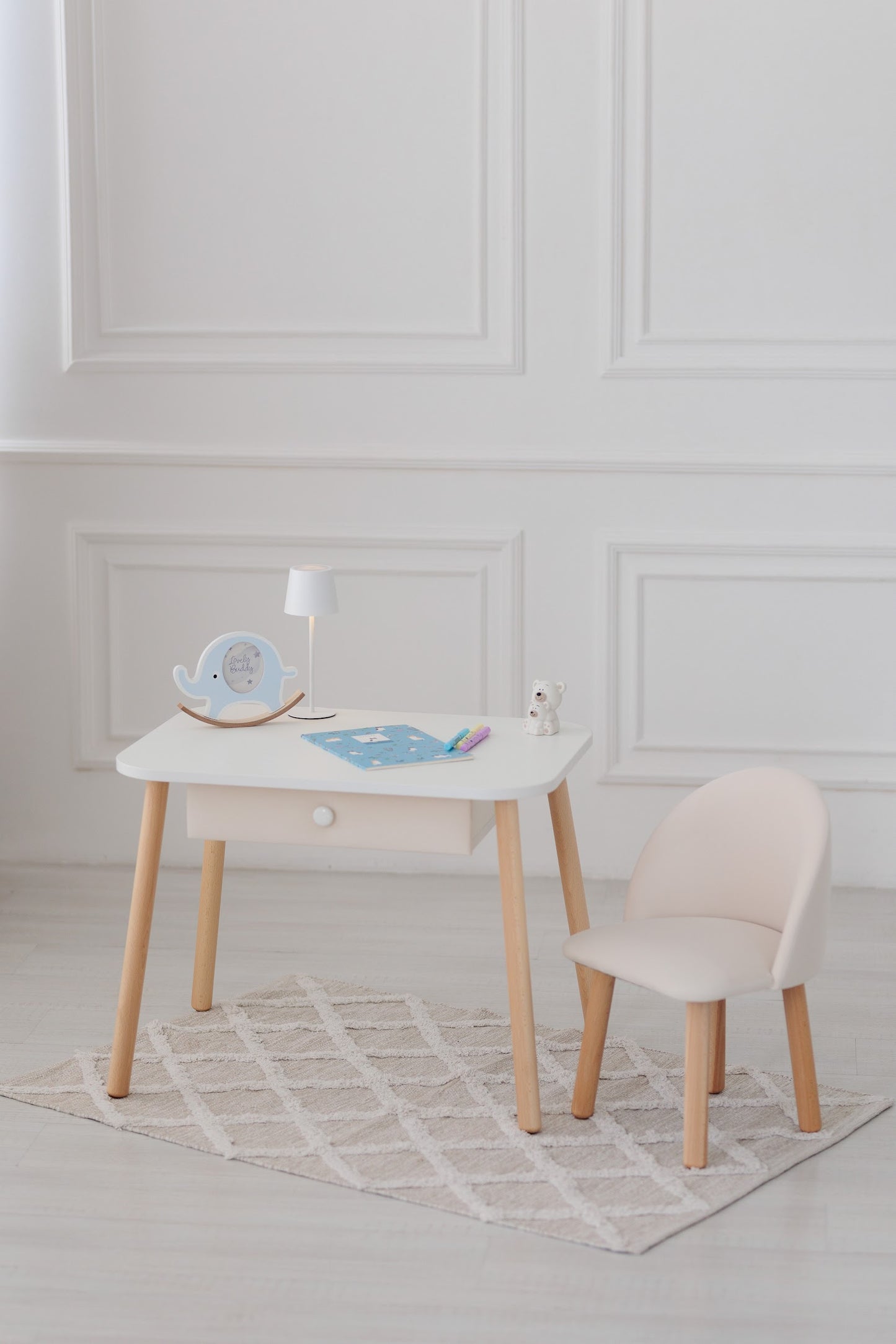 Furniture set: table with drawer and armchair, 5-7 years old, 115-125 cm, Milk